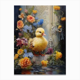 Duckling In The Fountain Floral Painting 1 Canvas Print