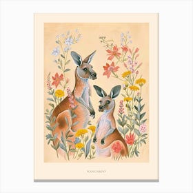 Folksy Floral Animal Drawing Kangaroo 4 Poster Canvas Print
