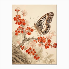 Butterfly With Cranberries Japanese Style Painting 2 Canvas Print