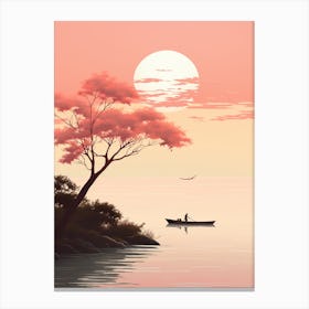 An Illustration In Pink Tones Of A Boat And Trees Overlooking The Ocean 4 Canvas Print