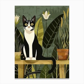 Cat Sitting On A Wooden Bench Canvas Print