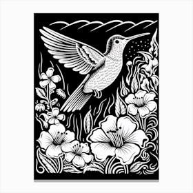 B&W Bird Linocut Hummingbird 7 Canvas Print