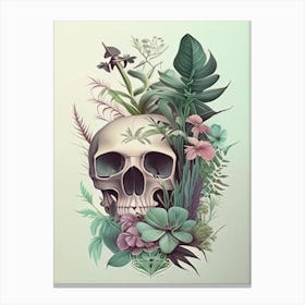 Skull With Tattoo Style Artwork Pastel Botanical Canvas Print