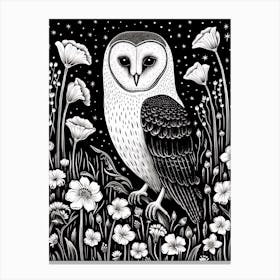 B&W Bird Linocut Barn Owl 1 Canvas Print