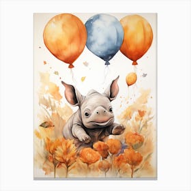 Rhino Flying With Autumn Fall Pumpkins And Balloons Watercolour Nursery 4 Canvas Print