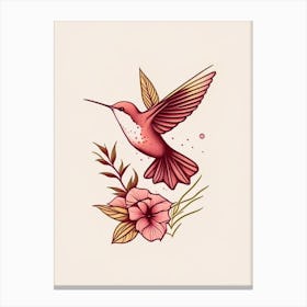 Hummingbird And Flowers Retro Minimal 2 Canvas Print