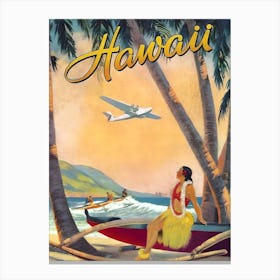 Hawaii, Airplane Arrival, Hula Girl On The Coast Canvas Print