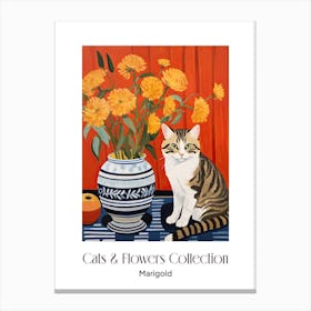 Cats & Flowers Collection Marigold Flower Vase And A Cat, A Painting In The Style Of Matisse 5 Canvas Print