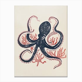 Simple Linocut Navy Octopus With Coral Canvas Print
