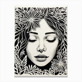 Floral Black & White Face Drawing 2 Canvas Print