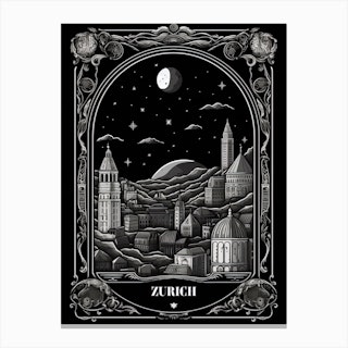 Zurich, Switzerland, Tarot Card Travel  Line Art 2 Canvas Print
