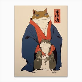 Frog And Cat, Matsumoto Hoji Inspired Japanese Woodblock 2 Canvas Print