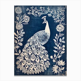 Peacock Folk Floral Linocut Inspired 2 Canvas Print