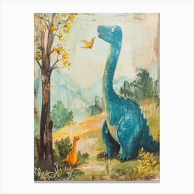 Dinosaur In The Woodland Meadow Storybook Style Painting 3 Canvas Print