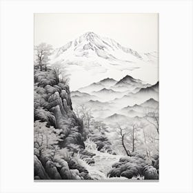 Mount Gassan In Yamagata, Ukiyo E Black And White Line Art Drawing 1 Canvas Print