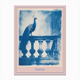 Cyanotype Inspired Peacock Resting On A Handrail 4 Poster Canvas Print