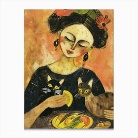 Portrait Of A Woman With Cats Eating Tacos 1 Canvas Print