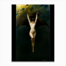 La Femme Chauve-Souris aka "The Bat Woman" 1890 by Albert Joseph Pénot French artist Albert Joseph Pénot's "La Femme Chauve-Souris" (The Bat Woman, c.1890) is a famous and mesmerizing oil painting that captures the allure of mystery and the macabre. Featuring a nude woman with bat-like wings against a brooding, cloudy sky, this exquisite artwork epitomizes Pénot’s fascination with enigmatic femininity and haunting beauty. It falls primarily under the Symbolism and Gothic genres of art but also shares elements with Surrealism due to its dreamlike, otherworldly atmosphere. Exhibited at the Salon des Artistes Français in 1912 and highlighted in Patrick Bade’s Femme Fatale: Images of Evil and Fascinating Women, it was auctioned by Sotheby’s in 2018 and the original now remains in a private collection. This print is signed bottom right. Canvas Print