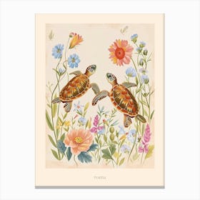 Folksy Floral Animal Drawing Turtle Poster Canvas Print