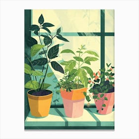 Sweet Illustrations Of Potted Herbs On The Windowsil 4 Canvas Print