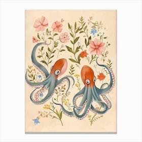 Folksy Floral Animal Drawing Octopus Canvas Print