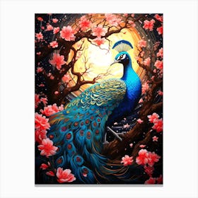 Peacock In Cherry Blossoms Canvas Print