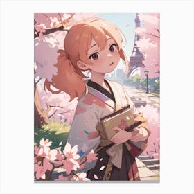 Anime Girl In Cherry Blossoms in Paris Canvas Print
