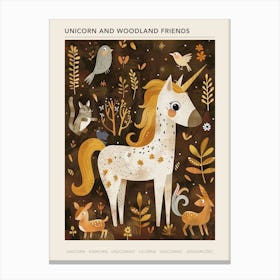 Unicorn In The Meadow With Abstract Woodland Animal Friends Muted Pastel 1 Poster Canvas Print
