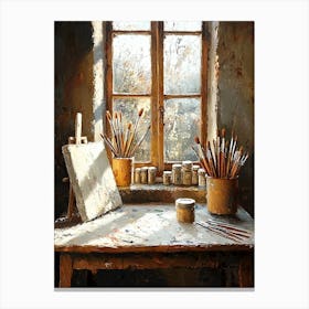 Vintage Artist S Studio With Paintbrushes And Easel – Rustic Creative Space Art Print Canvas Print