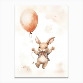 Baby Rabbit Flying With Ballons, Watercolour Nursery Art 3 Canvas Print