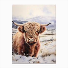 Highland Cow In The Snow Watercolour 2 Canvas Print