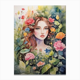 Watercolor Of A Girl With Flowers 1 Canvas Print