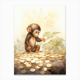 Monkey Painting Collecting Coins Watercolour 2 Canvas Print