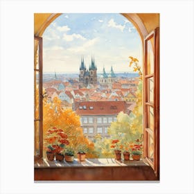 Window View Of Prague Czech Republic In Autumn Fall, Watercolour 1 Canvas Print