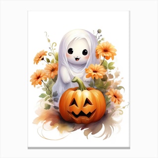 Cute Ghost With Pumpkins Halloween Watercolour 125 Canvas Print