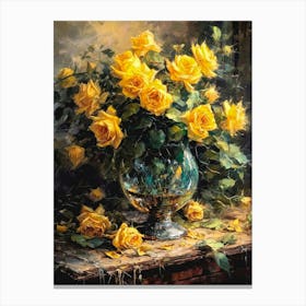 Vase of Yellow Roses | Dark Cottagecore Gloomy Beautiful Oil Painting Canvas Print