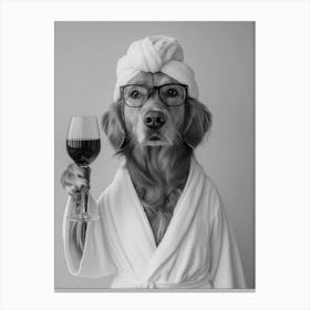 Golden Retriever In Bathrobe Holding Wine Canvas Print