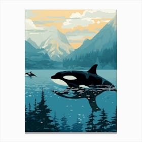 Block Colour Orca Whale And Calf Swimming Canvas Print