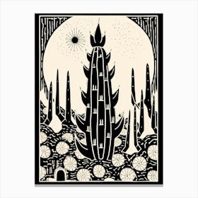 B&W Cactus Illustration Ladyfinger Cactus 4 Canvas Print