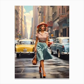 New York Middle 20th Century Walking Girl Retro Cars 5 Canvas Print