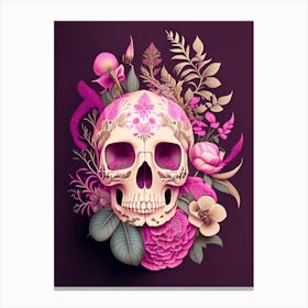 Skull With Mandala Patterns 1 Pink Botanical Canvas Print