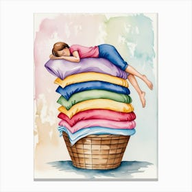 Girl Sleeping On A Pile Of Pillows Canvas Print