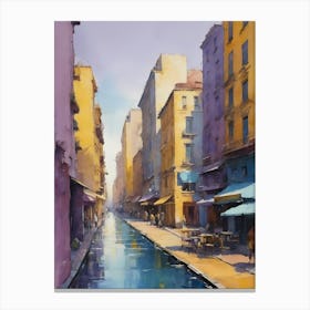 Colored Painting Of A Cityscape,Indigo And Yellow,Purple (21) Canvas Print