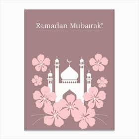 Ramadan Mubarak 2025 wall art girly pink, white and mauve mosque with pretty flowers floral wall art Canvas Print