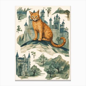 Spooky Medieval Castle On Hill With Ginger Cat Canvas Print