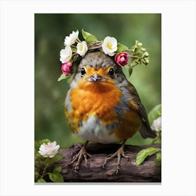 Robin In Flower Crown Canvas Print