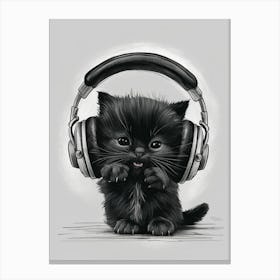 Black Kitten With Headphones Canvas Print