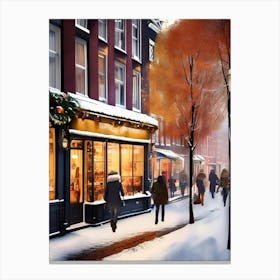 Amsterdam cafes, winter season, Christmas, autumn oil colors, pale colors, pedestrians in the street, winter clothes, falling snow.7 2 Toile