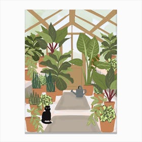 Black Cat And Greenhouse Canvas Print