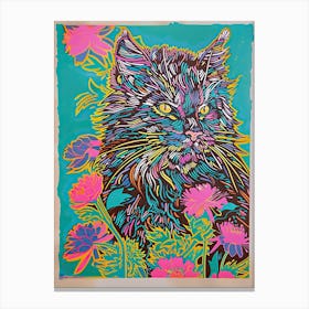 Cute Main Coon Cat With Flowers Illustration 3 Canvas Print